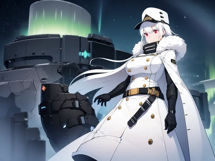 A woman wearing a white military uniform, white military hat, in the city of Moscow with the Northern Lights in the night sky, large mechanical arms, white hair and red eyes.
