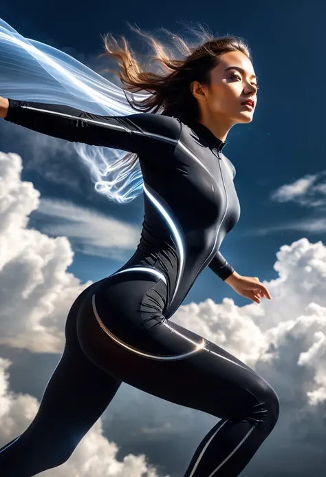 photoillustration single exposure of 1girl(stunning goddess beauty in perfect curved body(anatomy accurately:1.0))flying forward in the speed of light, flying, speed of light, left the light trail behind, light trail, above light, clouds background, above ...