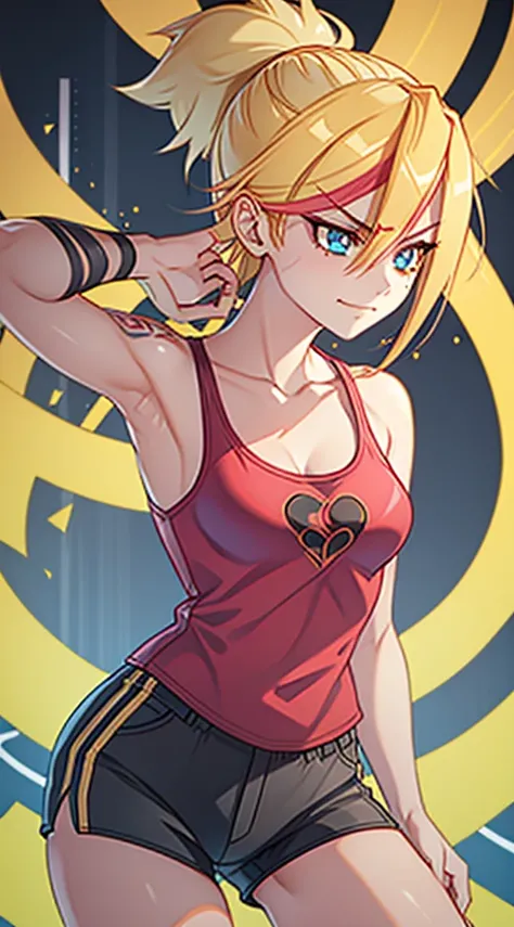 young girl,  ultrs long blonde hair, Hairpin with a bundle, turquoise eyes, Yakuza tattoos, red tight uniform, Sleeveless, Wide neckline on the chest to the abdomen, Gold Elements, Red gold armor, Shorts, claws, smirk, Masterpiece, hiquality, 4k, HD, Good ...