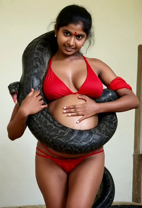  Pregnant Happy Horny, aroused 1girl), beautiful indian young teen girl  wearing red thong with  giant colossal  black titanboa monster squeezing her hard, wrapped in thick spiraling coils, constricted, struggle, gasping for air, snake attack, snake peril,