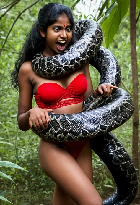  Happy Horny, aroused 1girl), beautiful indian young teen girl  wearing red thong with  giant colossal  black titanboa monster squeezing her hard, wrapped in thick spiraling coils, constricted, struggle, gasping for air, snake attack, snake peril,