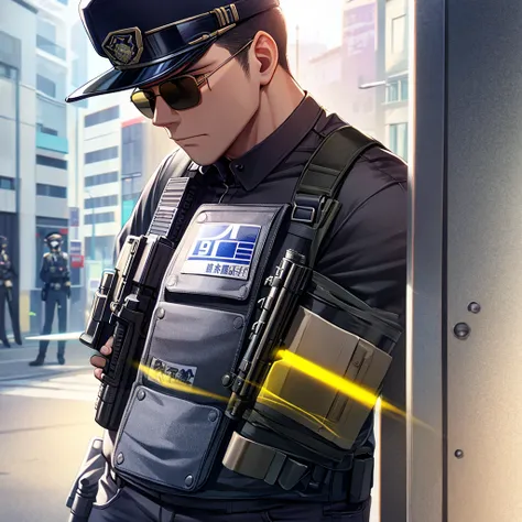 Corrupt police officer with sunglasses and a scar on his left eye horizontally , wearing a bulletproof vest and police clothing, holding a pistol, 独奏