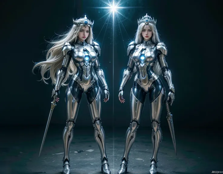 women attractive face beautiful full body, legs thick, hips. goddess with long white hair, ultra detailed eyes, on your head crown, wearing a blue suit of iron home style paladin powers, futurist. Armadura templária com detaileds de ouro, detaileds: 1.2) 4...