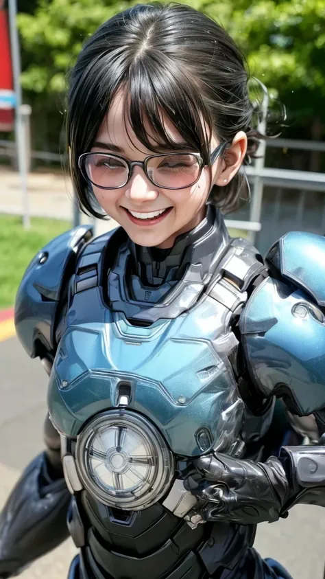 Highest quality　8k Two Iron Man suit girls　Kindergarten girl　Sweaty face　cute　short hair　boyish　Steam coming out of my head　My hair is wet with sweat　The feel of black hair　whole bodyポートレート　My upper body is soaked　Glasses　smile　Laughing with your mouth ope...