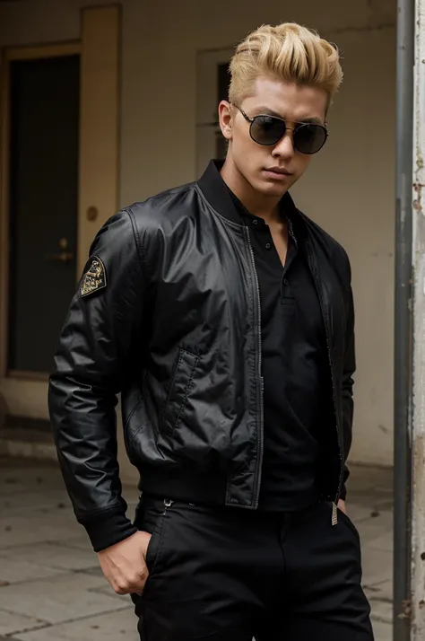 Sukajan jacket, black uniform pants, blonde hair, pompadour, sunglasses, stocky body