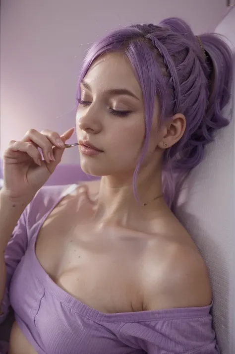 ((best quality)), ((masterpiece)), (detailed), 1girl, light purple hair, ponytail, sleeping, purple aesthetic, aesthetic room