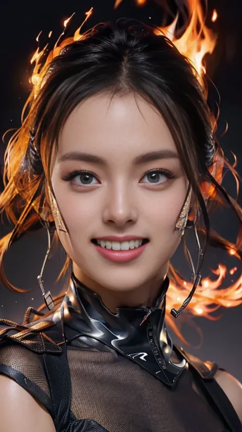 (extremely detailed CG unity 8k wallpaper),(masterpiece), (best quality), (ultra-detailed), (best illustration),(best shadow), (sharp eyeliner, eyeshadow, detailed eyes:1.1), (flames, smoke:1.3), ,BREAK, (vector:1.2), evil smile,