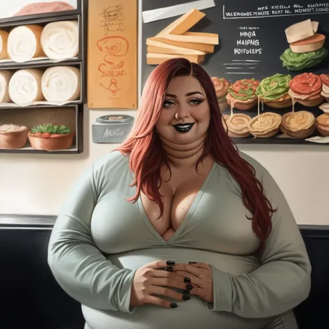 Masterpiece, perfect face, nostril piercing, black lipstick, perfect hands, Sunkissed skin all over, Thicc, black fingernails and toenails, extremely morbidly obese, black and red hair, ((wearing)), red and black top, grey sweat pants, detailed feet, volup...