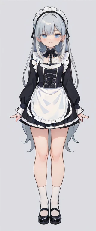 (long beautiful gray hair) cyan eyes, (eyes behind long bangs) breasts big, standing pose, hands behind the back,  (wearing stoc...