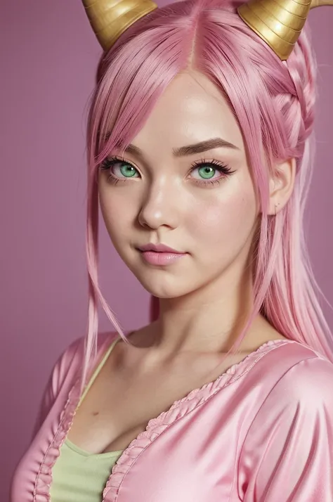 Re:Zero anime style character, with pink hair with green eyes and medium bust, pink lips and pink cheeks, cute eyelashes and eyebrows, with medium golden horns and pink clothing, 