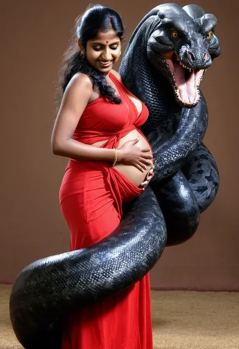  Pregnant Happy Horny, aroused 1girl), beautiful indian young teen girl  wearing red thong with  giant colossal  black titanboa monster squeezing her hard, wrapped in thick spiraling coils, constricted, struggle, gasping for air, snake attack, snake peril,