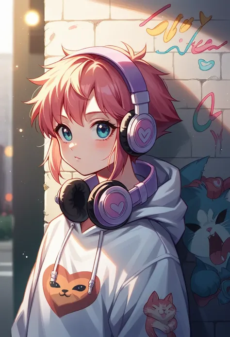 Cute cat girl vegeta peitos grandes dressed in a white hoodie with pastel pink accents, oversized headphones snugly fit around its neck, mid-action as it maneuvers through an urban setting, backdrop of graffiti-covered walls, contemporary streetwear fashio...