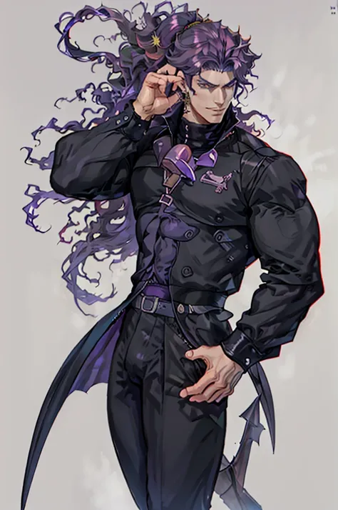 Handsome male. Dark silky purple hair, amber eyes, lean and muscular build, with a sharp jawline and a devilish smile. Im dressed in fine black clothes and have a silver stake tucked in my sleeve. Vampire. Bara. Bulge in pants. Black boots. Piercings.