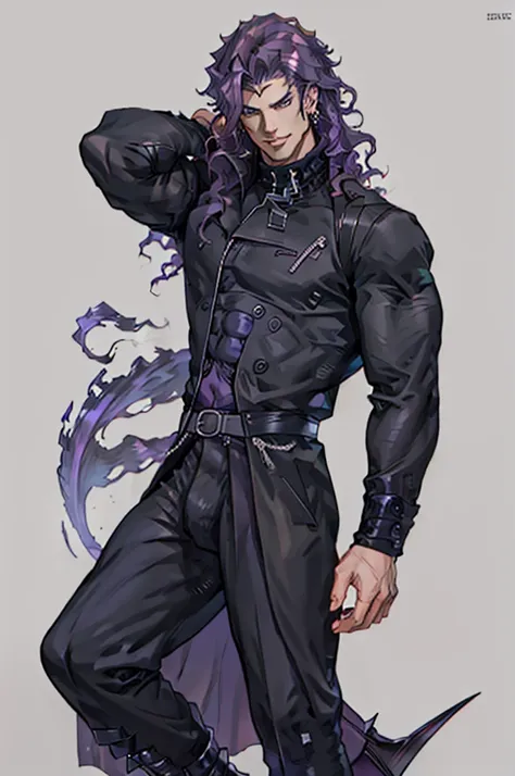 Handsome male. Dark silky purple hair, amber eyes, lean and muscular build, with a sharp jawline and a devilish smile. Im dressed in fine black clothes and have a silver stake tucked in my sleeve. Vampire. Bara. Bulge in pants. Black boots. Piercings.