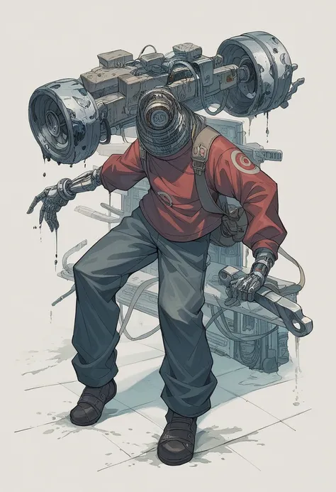 Anime-style illustration, Naruto + Arlequina teen girl dbz with blak red oversized clothing, merging as a mechanic with robotic parts interspersed within his human form, dynamic pose wrench in hand, workshop background cluttered with machinery, oil stains,...