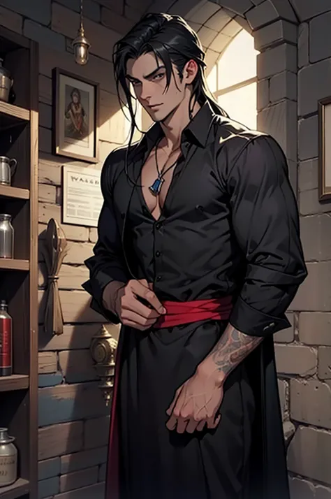 arafed man in a dark shirt in a room, skinny male fantasy alchemist, androgynous vampire, with his long black hair, with long dark hair, male vampire, handsome male vampire, as a medieval fantasy character