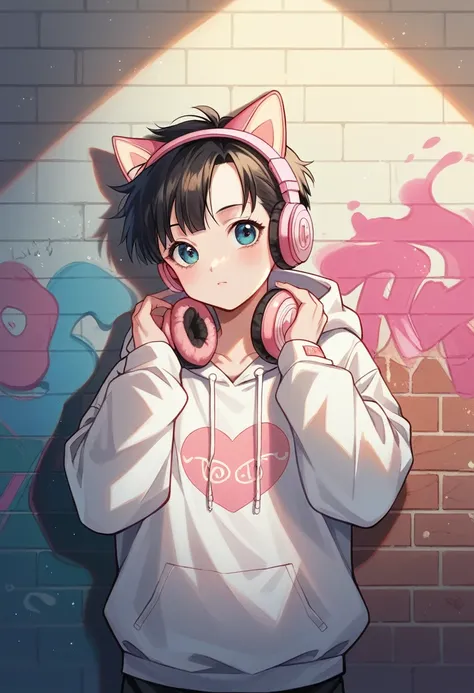 Cute cat girl vegeta peitos grandes sexy dressed in a white gold  hoodie with pastel pink accents, oversized headphones snugly fit around its neck, mid-action as it maneuvers through an urban setting, backdrop of graffiti-covered walls, contemporary street...