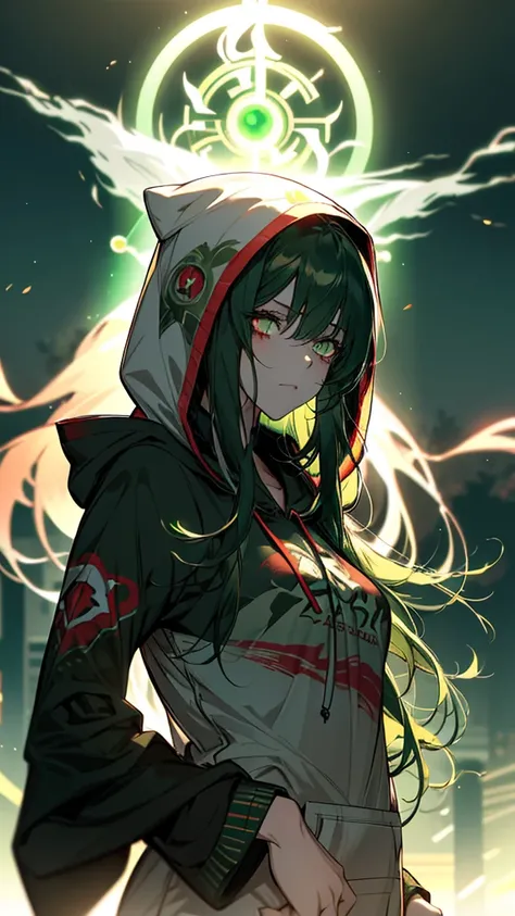 anime girl with Green Eyes and hoodie holding her hand to her mouth, Glowing green eyes, With glowing eyes, Glowing eyes and mouth, clear Green Eyes, Girl with white eyes, Mysterious Girl, glowing Green Eyes, 赤くWith glowing eyes, Red eyes glow, Green Eyes!...