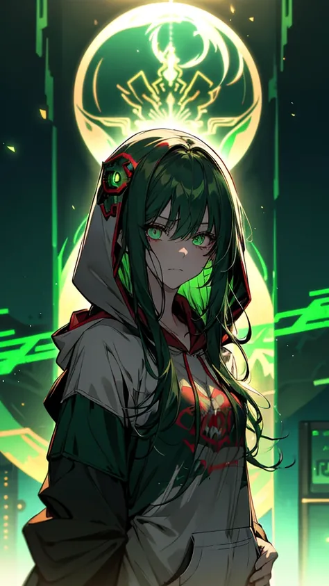 anime girl with Green Eyes and hoodie holding her hand to her mouth, Glowing green eyes, With glowing eyes, Glowing eyes and mouth, clear Green Eyes, Girl with white eyes, Mysterious Girl, glowing Green Eyes, 赤くWith glowing eyes, Red eyes glow, Green Eyes!...