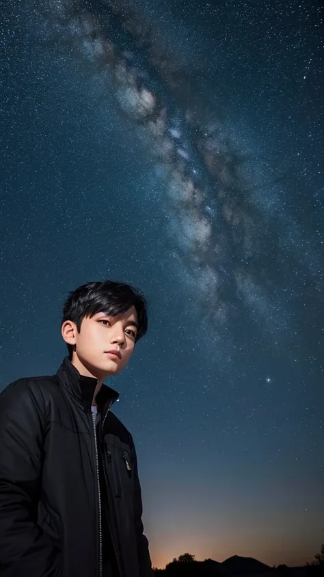 A cool black-haired boy looking at the night sky
