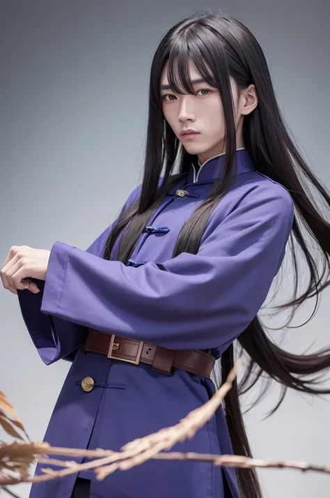 Create Chinese man with long hair and blue eyes, wearing dark purple clothes and holding a combat fan 