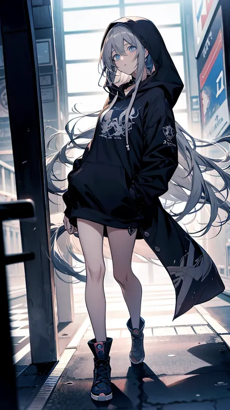 anime girl with blue eyes and black hoodie posing for a picture, (anime girl), perfect Gray-haired girl, inspired by Ib Eisner, anime character, anime!!!!!!!!!!!!!!!, emo anime girl, as an anime character, anime style, Nightcore, Gray-haired, She has white...