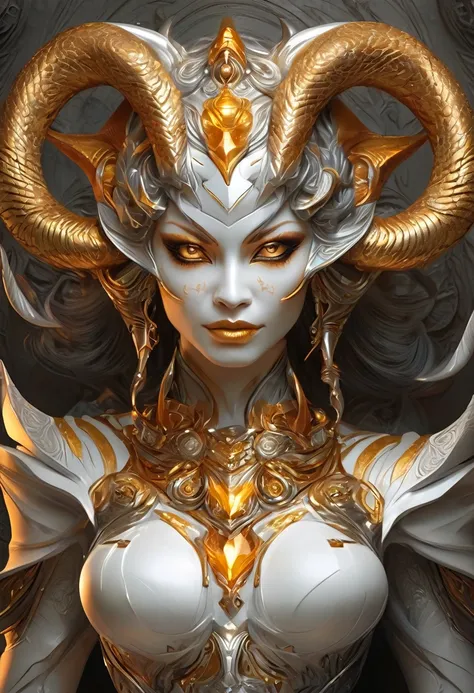 the face of a woman dressed in demon attire, in the style of light gray and light gold, vibrant illustrations, intricately sculpted, realistic hyper-detailed portraits, white and amber, queencore, depicts real life --ar 3:5 --v 6.0