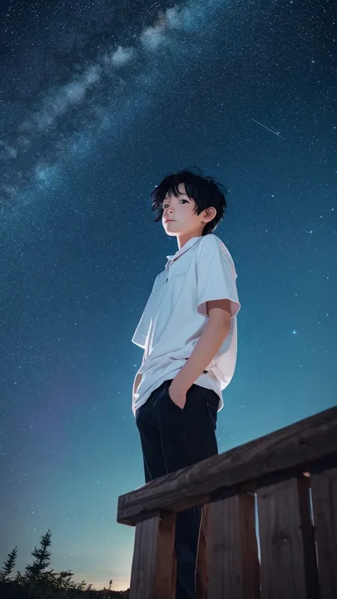 Cool black-haired boy looking at the night sky, Ghibli style