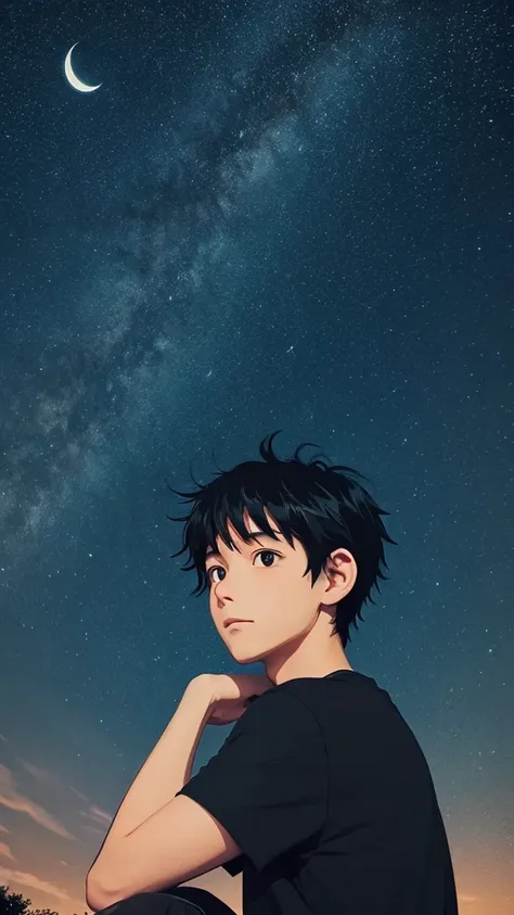 Cool black-haired boy looking at the night sky, Ghibli style