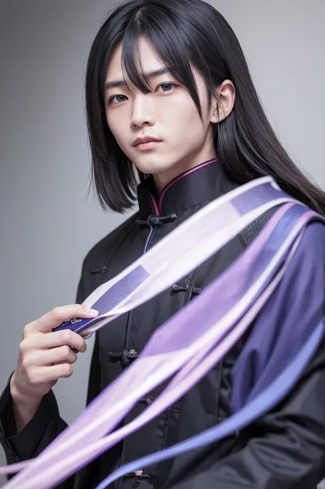 Create Chinese man with long hair and blue eyes, wearing dark purple clothes and holding a combat fan 