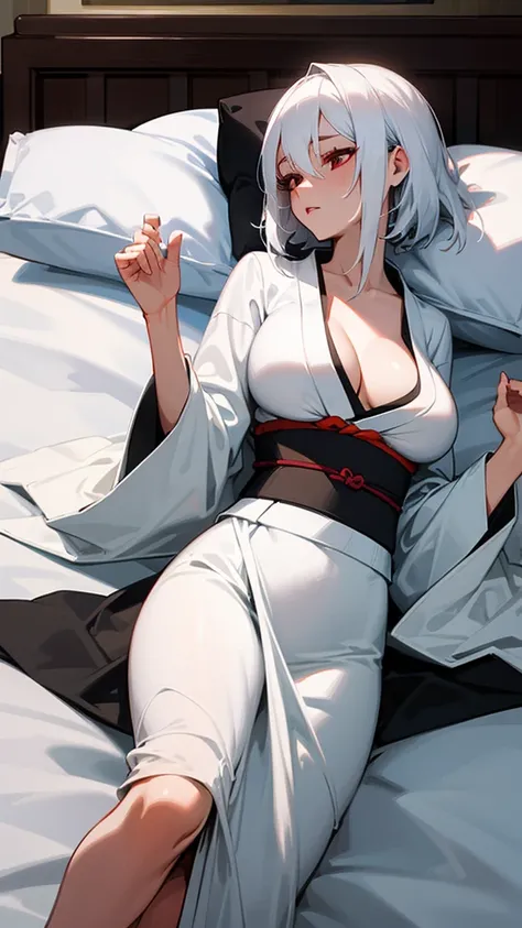 Woman lying in bed, she has white hair, she has red eyes, The woman is wearing a kimono while lying in bed, She has big breasts 