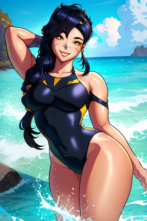 1girl, solo, long hair, looking at viewer, black hair, bandaid on face, yellow eyes, smile, bandaid on nose,  bandaid, bangs, breasts, simple background, fang, bare shoulders, scar, bare shoulders, closed mouth, hair over one eye, portrait, hair over shoul...