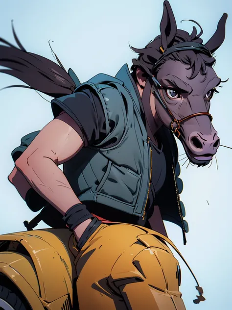 “Create an image of a donkey wearing a black leather motorcycle vest. Make sure the donkey is prominent and the vest details, helmet and glasses are clearly visible. The background must be simple to highlight the donkey and its clothing.”