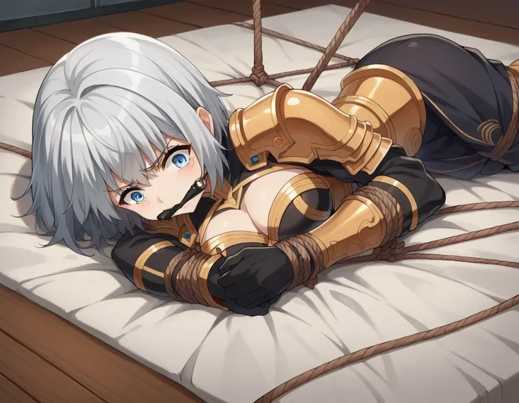 score_9, score_8_superior, score_7_superior, sauce_anime,
shadowbeta, beta, short hair, blue eyes, Braiding, Grey Hair, Painful expression,
gloves, Cleavage, armor, Clothing cutouts, Cleavage cutout,Tied up with rope,gag,Lying down,Struggling,