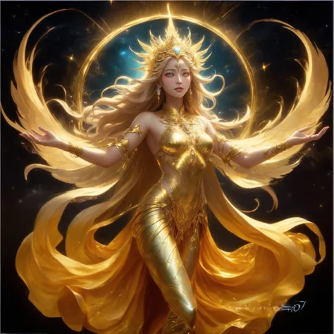 Supermodel Indian woman with wings and body covered in gold,Fine Indian gold jewelry , golden dress , Fantasy art style, Jewel set, High quality 8K detailed artwork., Like a mysterious Valkyrie, digital fantasy art ), angel on the star, Intricate, luxuriou...