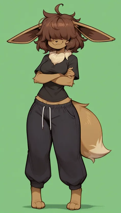 Excited expression, 1girl, anthro, furry, fur, fluffy fur, eevee girl, brown hair, short hair, messy hair, (19 years), medium breast, thicc thighs, solo, (green background), detailed, smug smile, (hair covering eyes), black shirt, baggy pants (black pants)...