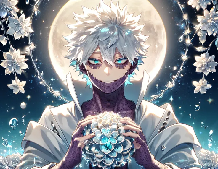 absurdres, highres, ultra detailed, HDR, master piece, best quality, extremely detailed, Dabi, white hair, expressive turquoise eyes, Boku No Hero Academia, solo, sexy man, handsome, smile, white coat, fantasy, water, sparkling, silver glittering fireflies...