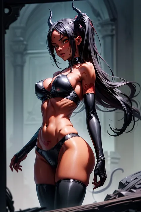 masterpiece, super detailed, high resolution, precision art, highly seductive anime girl. sexy and alluring, flawless dark red demonic skin, succubus, symmetrical face, beautiful olive eyes, flowing black hair, her very presence oozes seduction and allure,...