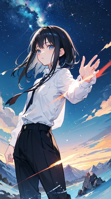 A cool black-haired Ghibli-style character looking at the night sky and reaching out towards us