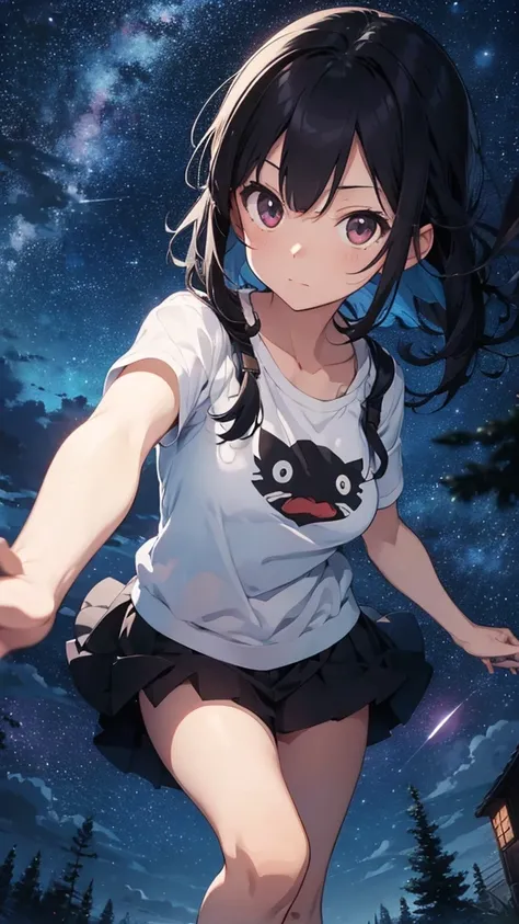 A cool black-haired Ghibli-style character looking at the night sky and reaching out towards us