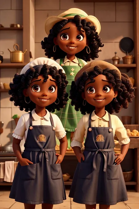 Two black dolls with curly hair, Grinning, with apron and confectioners hat making sweets