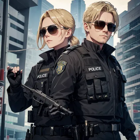 Corrupt police officer with sunglasses and a scar on his left eye horizontally , wearing a bulletproof vest and police clothing, holding a pistol, 独奏, hair blonde, On patrol