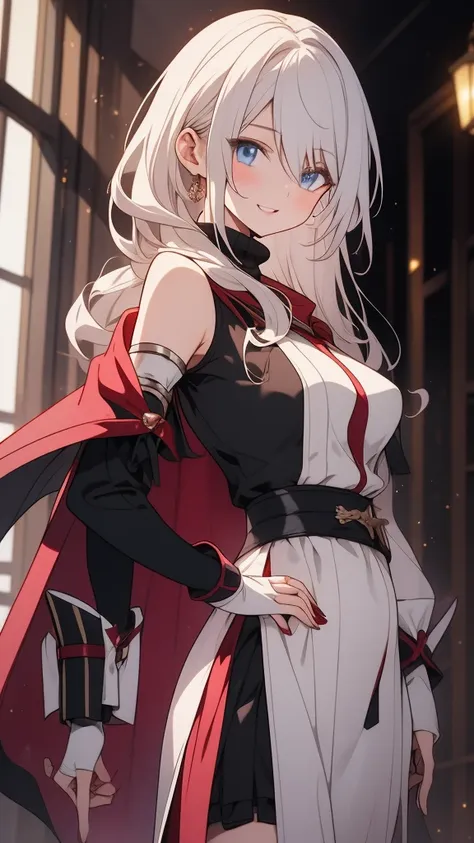 masterpiece, best quality, solo girl, silver hair, blue eyes, long hair, medium breasts, sexy body and face, wavy hair, smile, parted lips, red lips, circlet, skirt, bridal gauntlets, jewelry, cape, bare shoulders, sandals, sleeveless dress, red cape, long...