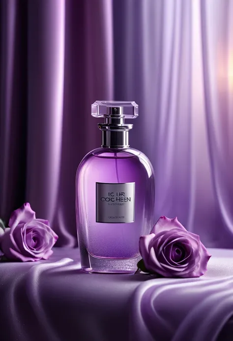 photorealistic of a parfume bottle from ice glass content lilac liquid three quarter part(accurate prompt:1.8)sprayed a lilac-pu...