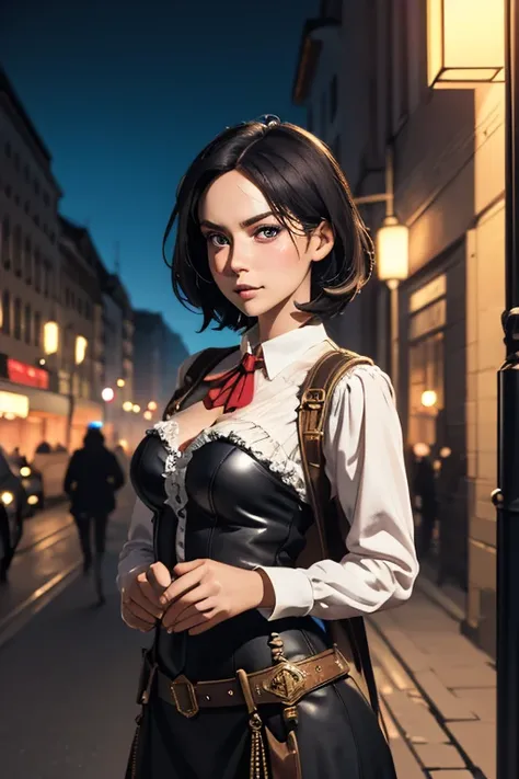 Highest quality　High resolution　Berlin at night　Cute woman in steampunk costume　