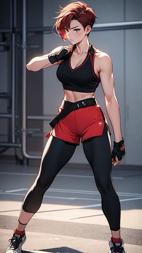 {{masterpiece}}, {{{best quality}}},{{ultra-detailed}}, {{illustration}},{{tall stature}},{{adult women}},,{{fighting stance}},((Leggings with integrated shorts)),Black leggings female fighter　Red hair short cut　Sleeveless uniform　Martial Arts Belt　,full b...