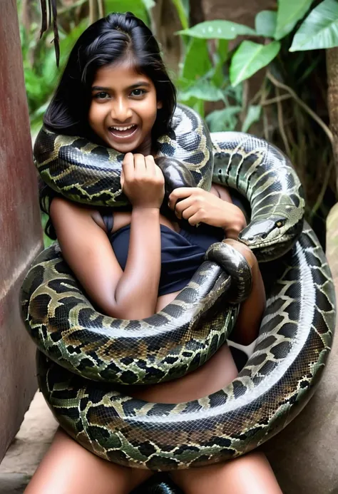 happy horny, aroused 1girl), beautiful   indian  young teen girl with  giant colossal kaa monster squeezing her hard, wrapped in...