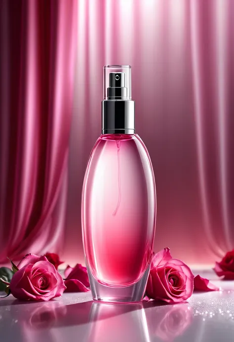 photorealistic of a slim spray parfume bottle from ice glass content pink liquid three quarter part(accurate prompt:1.8)sprayed ...