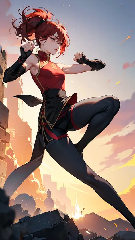 {{masterpiece}}, {{{best quality}}},{{ultra-detailed}}, {{illustration}},{{tall stature}},{{adult women}},skinny,Small breasts,Slender body,{{fighting stance}},((Leggings with integrated shorts)),Black leggings female fighter　Red hair short cut　Sleeveless ...