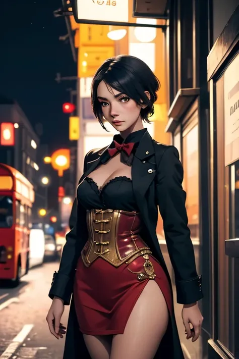 Highest quality　High resolution　London by night　Cute woman in steampunk costume　